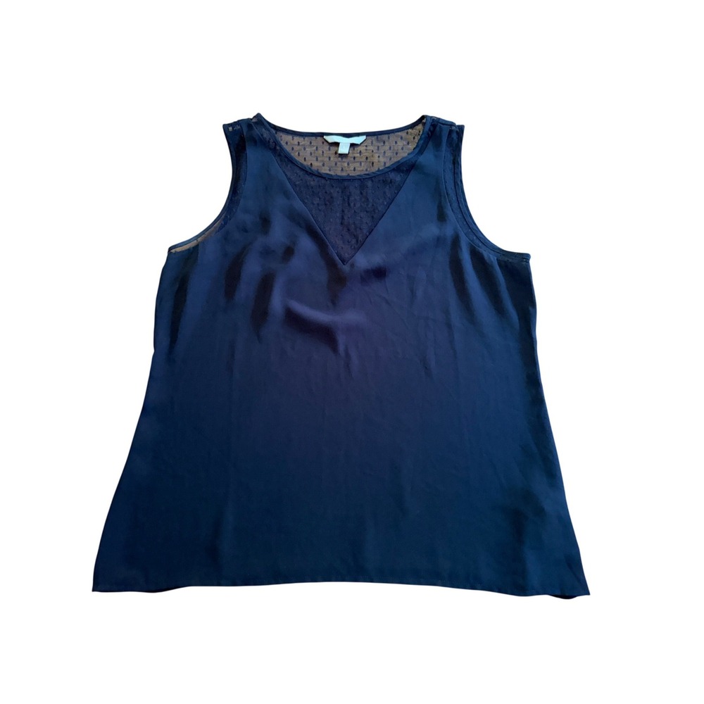 Banana Republic Womens Black Swiss Dot Mesh Trim Sleeveless Blouse Size L